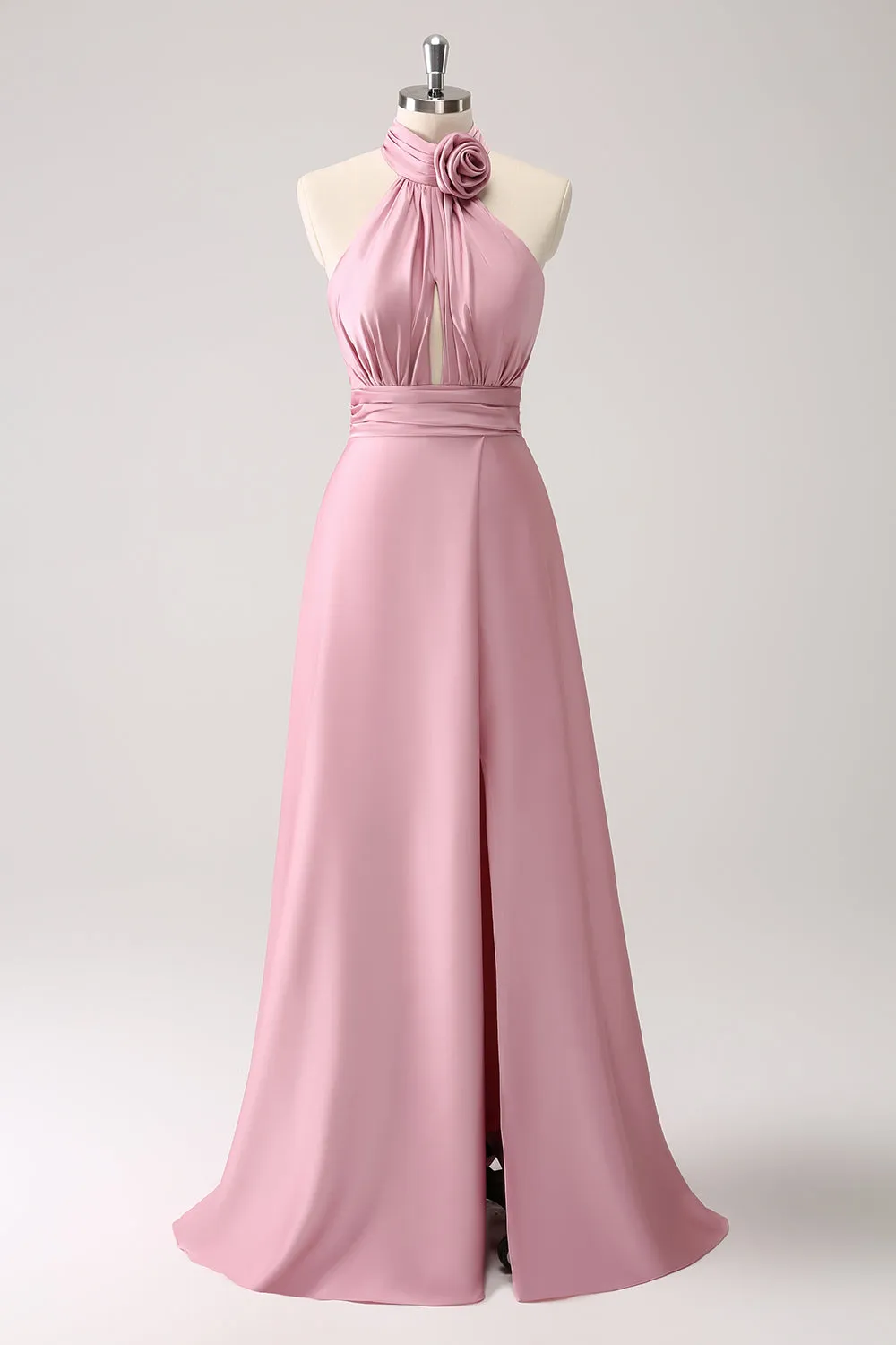 Pink Keyhole A-Line Satin Bridesmaid Dress with Slit sold by Zapaka