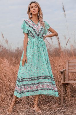 Green V-neck Print Maxi Summer Dress sold by Zapaka