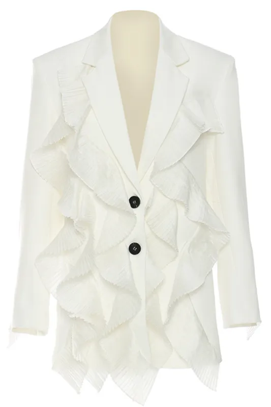 White Notched Lapel Women Blazer With Ruffles sold by Zapaka
