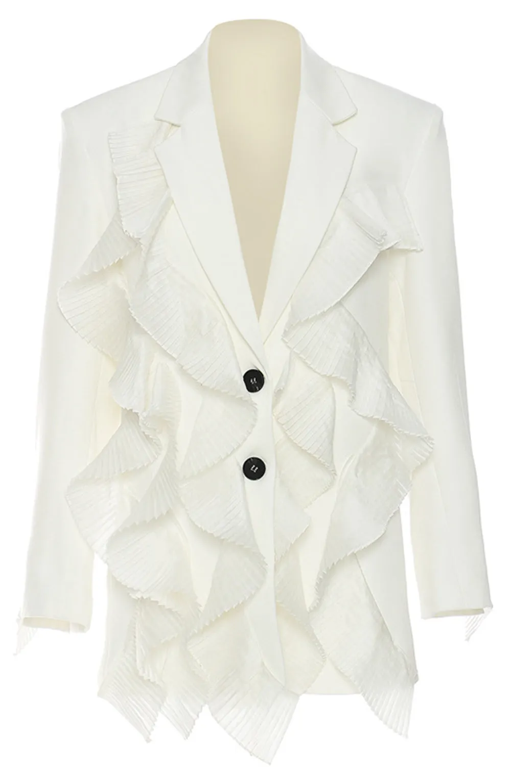 White Notched Lapel Women Blazer With Ruffles sold by Zapaka