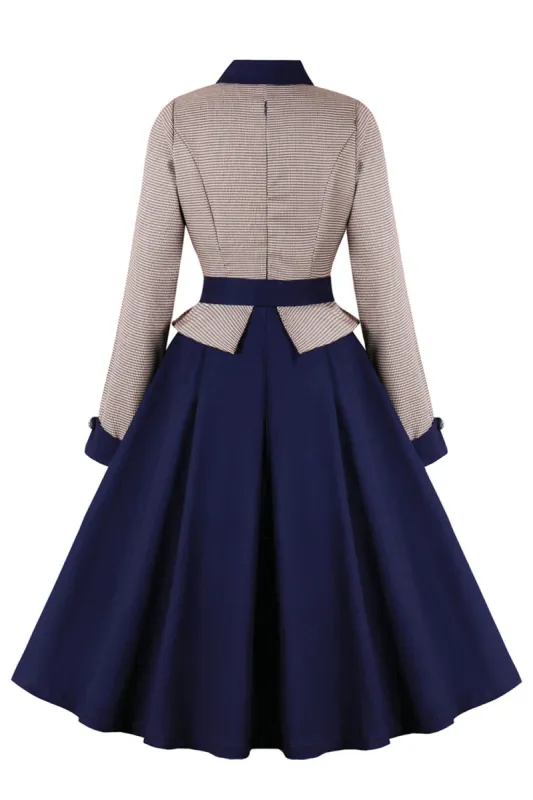 Navy Houndstooth Belted Long Sleeves 1950s Dress sold by Zapaka