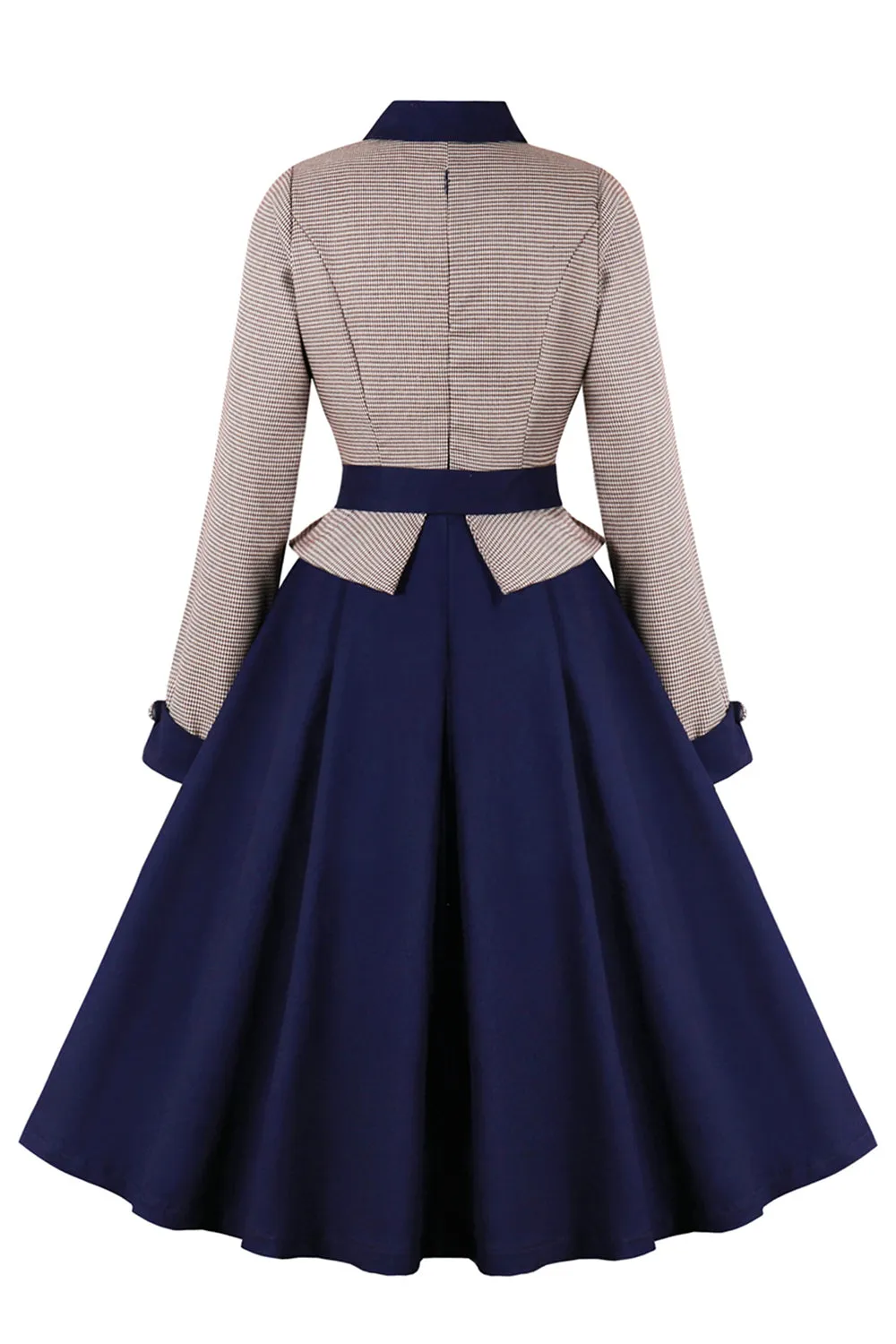 Navy Houndstooth Belted Long Sleeves 1950s Dress sold by Zapaka