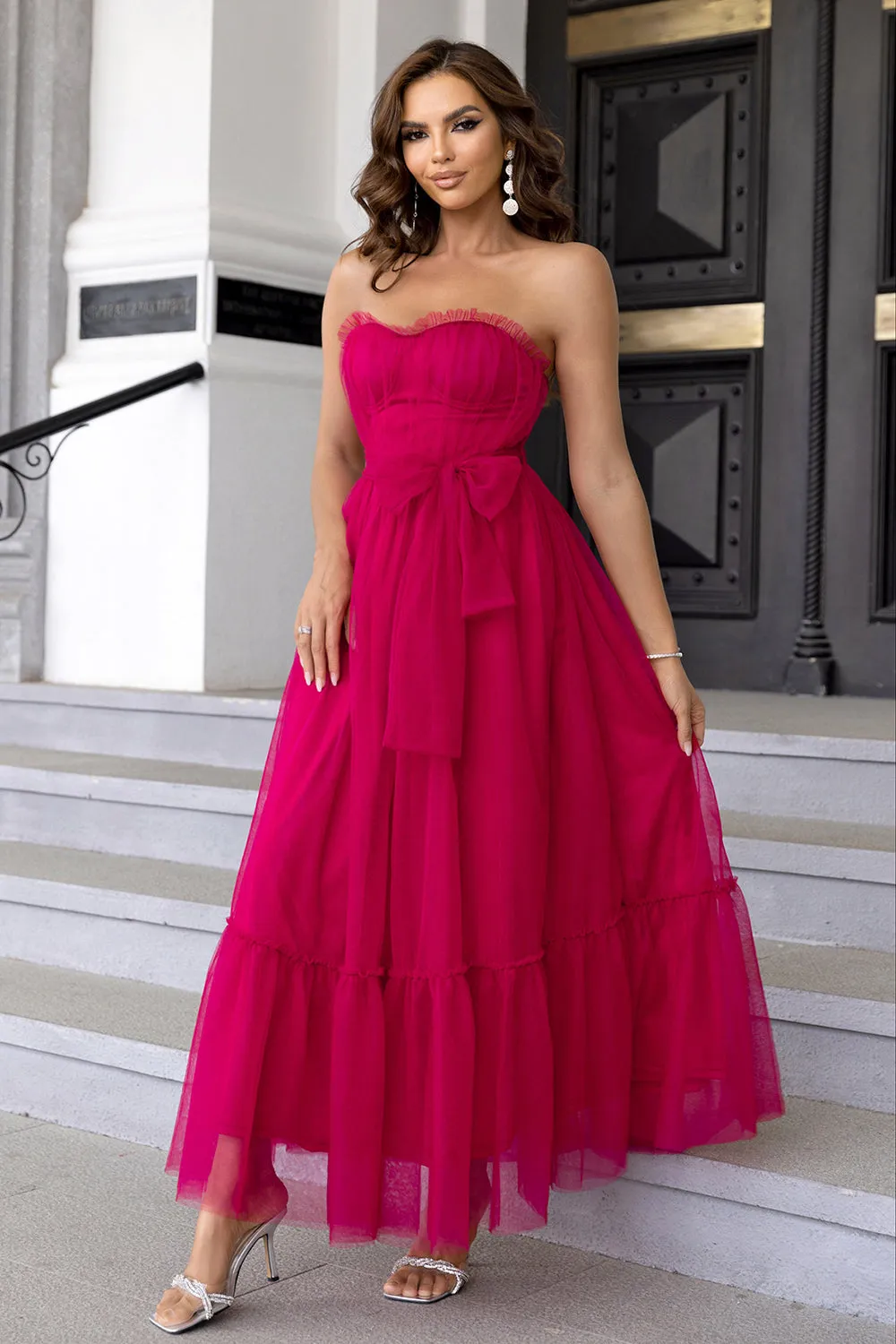 Tulle Sweetheart Hot Pink Formal Dress with Bow sold by Zapaka product image thumbnail 5