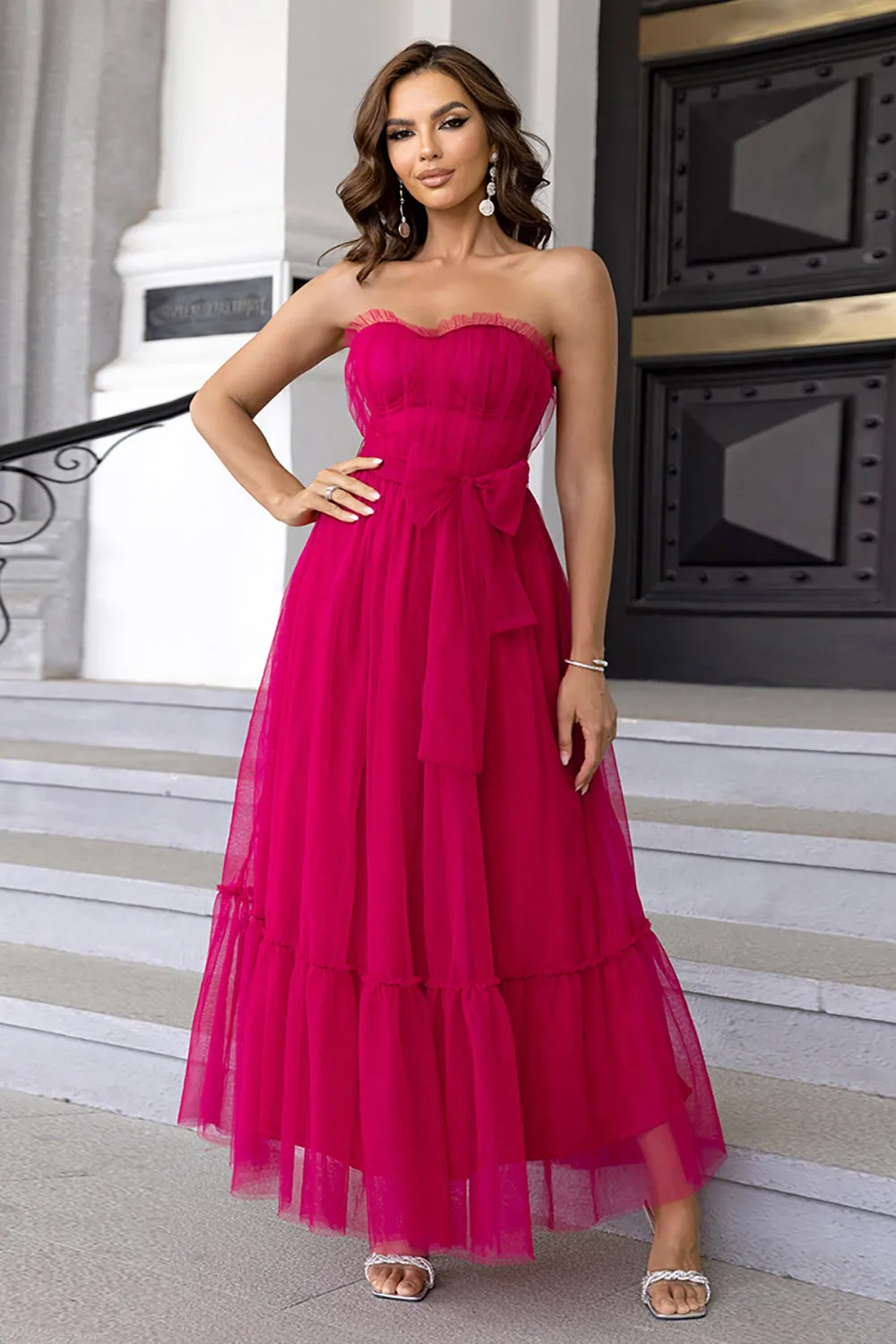 Tulle Sweetheart Hot Pink Formal Dress with Bow sold by Zapaka product image thumbnail 3