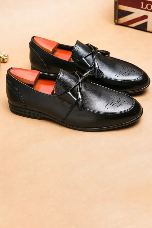Black Leather Slip-On Fringe Men's Shoes sold by Zapaka