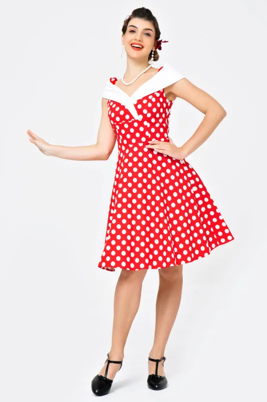 Off Shoulder Red White Dots Dress made by Zapaka