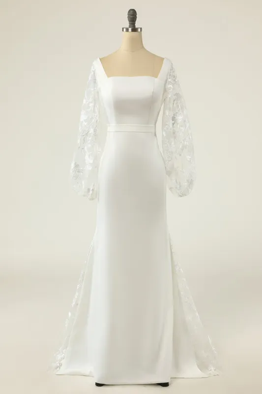 White Mermaid Long Sleeves Wedding Dress made by Zapaka