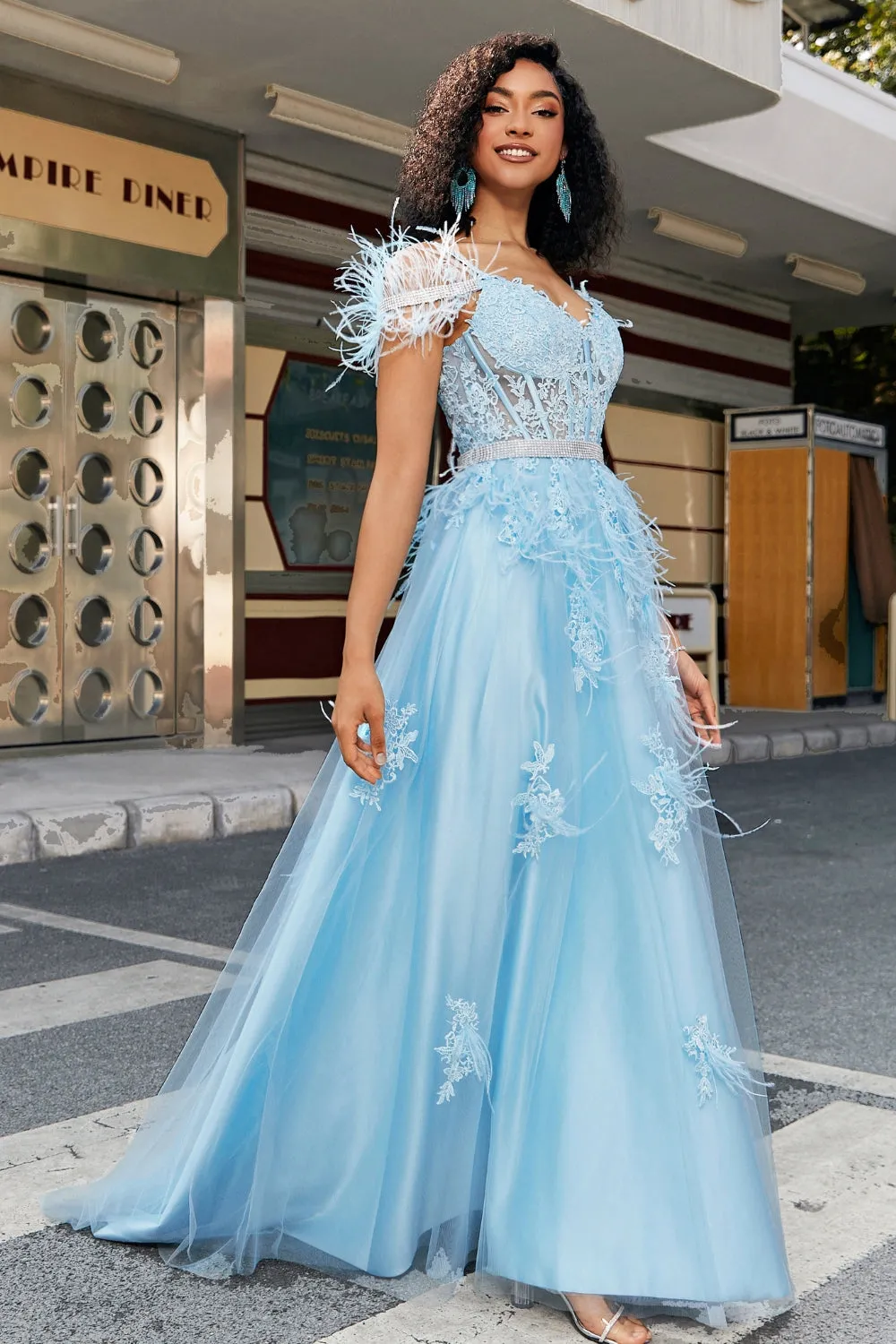 Gorgeous A Line Off the Shoulder Light Blue Corset Prom Dress with Feather sold by Zapaka product image thumbnail 4