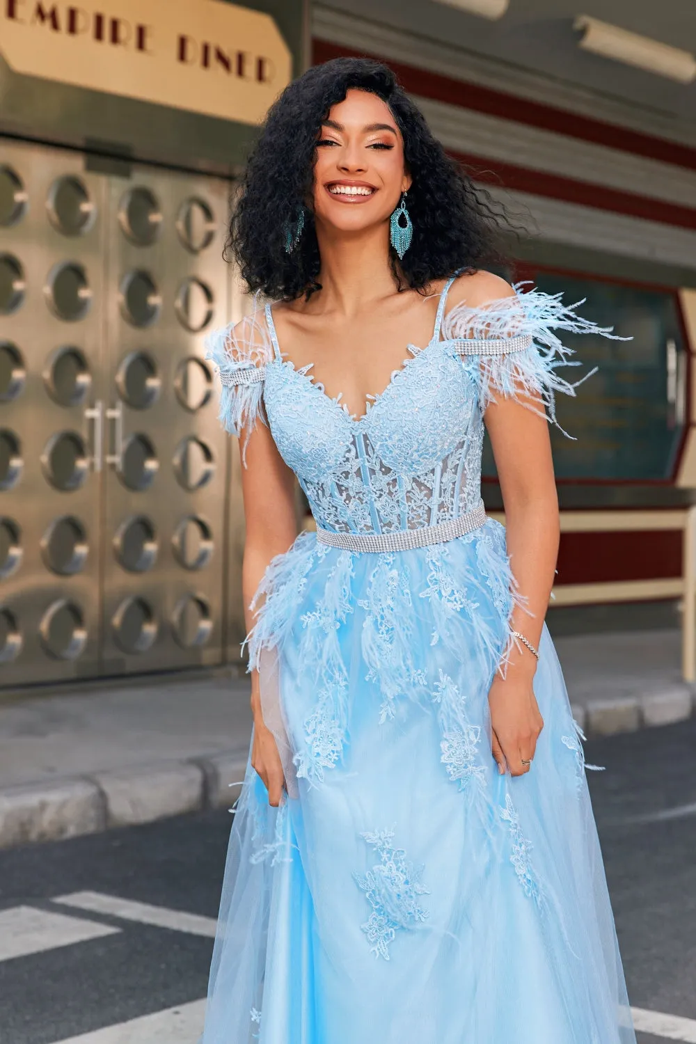 Gorgeous A Line Off the Shoulder Light Blue Corset Prom Dress with Feather sold by Zapaka product image thumbnail 5