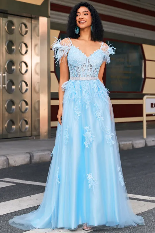 Gorgeous A Line Off the Shoulder Light Blue Corset Prom Dress with Feather sold by Zapaka
