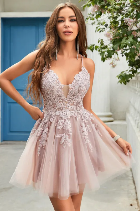 A Line Spaghetti Straps Blush Short Homecoming Dress with Criss Cross Back sold by Zapaka