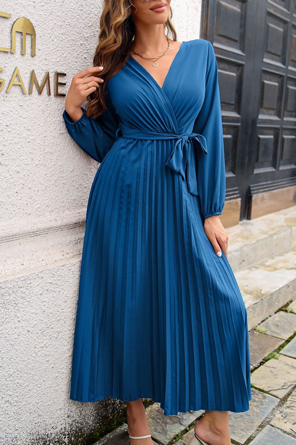 Blue V-Neck Casual Dress With Sash sold by Zapaka product image thumbnail 3