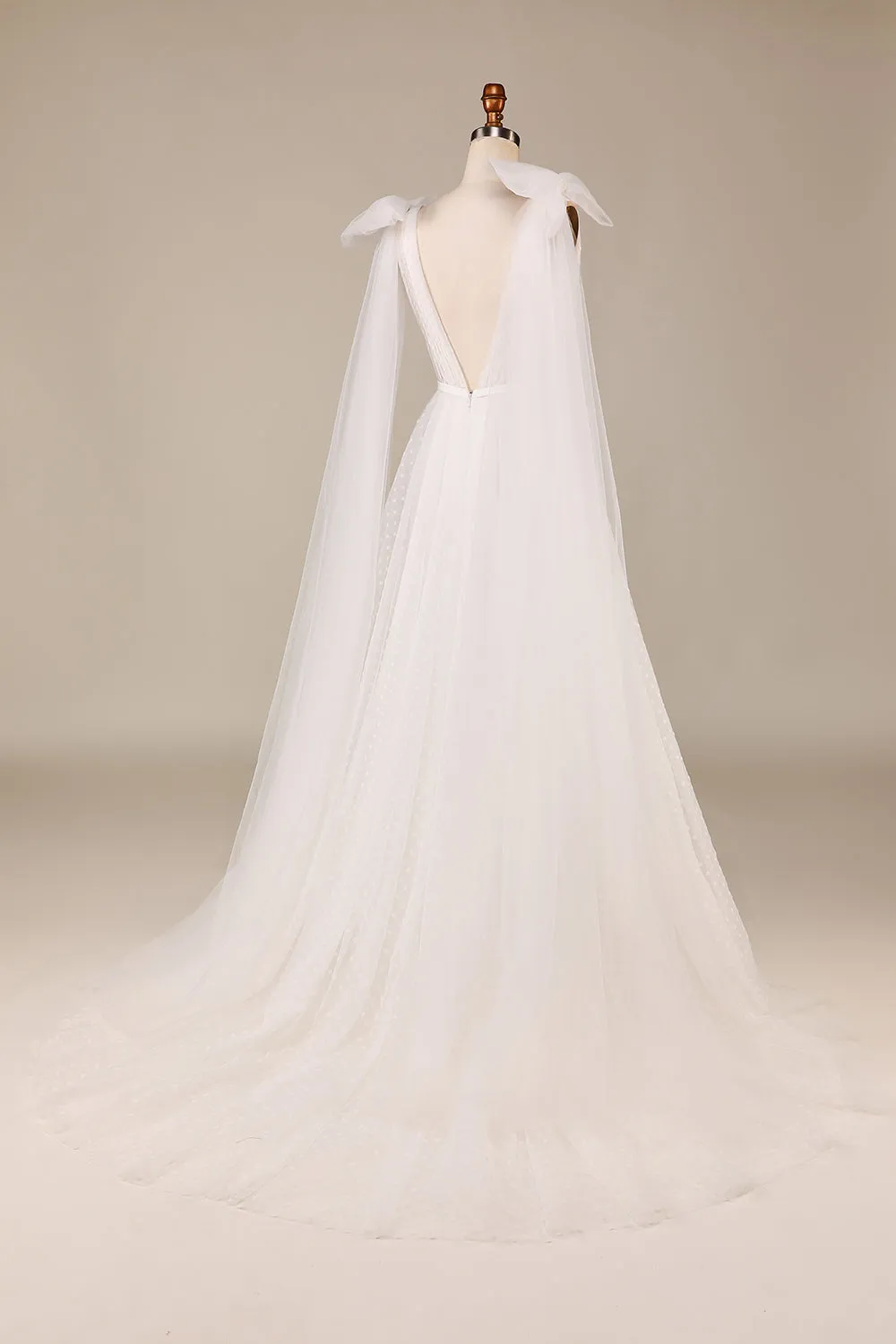Elegant A Line V Neck Ivory Detachable Watteau Train Tulle Wedding Dress sold by Zapaka product image thumbnail 2