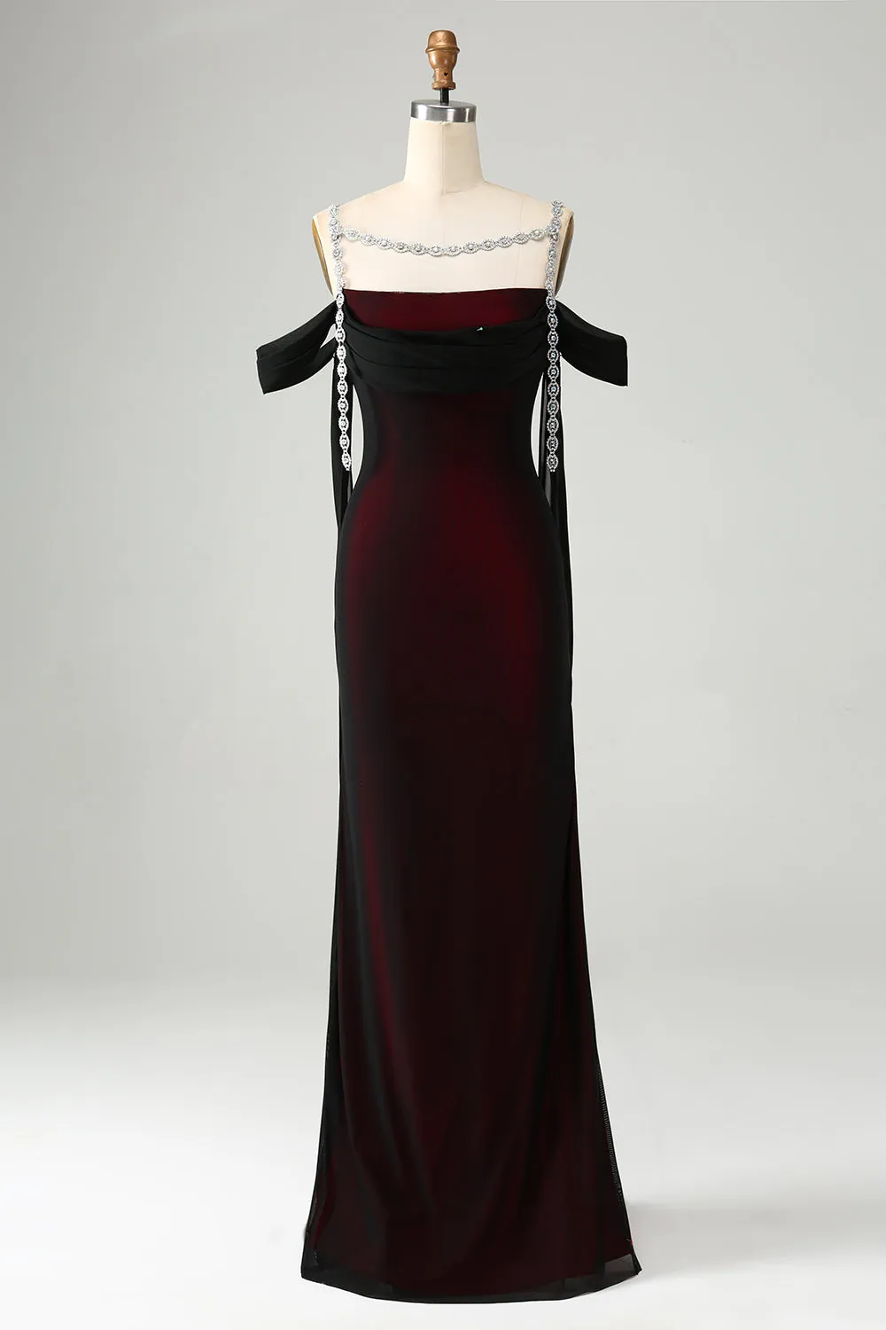 Sparkly Black Red Mermaid Cold Shoulder Long Bridesmaid Dress sold by Zapaka