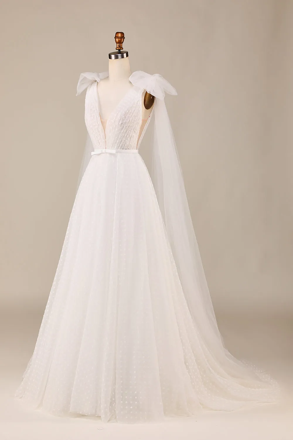 Elegant A Line V Neck Ivory Detachable Watteau Train Tulle Wedding Dress sold by Zapaka product image thumbnail 3