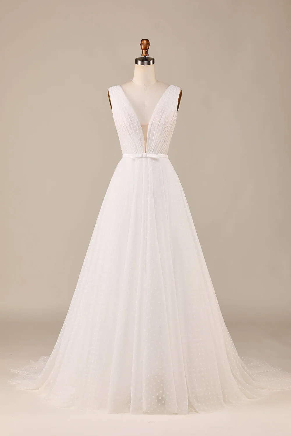 Elegant A Line V Neck Ivory Detachable Watteau Train Tulle Wedding Dress sold by Zapaka