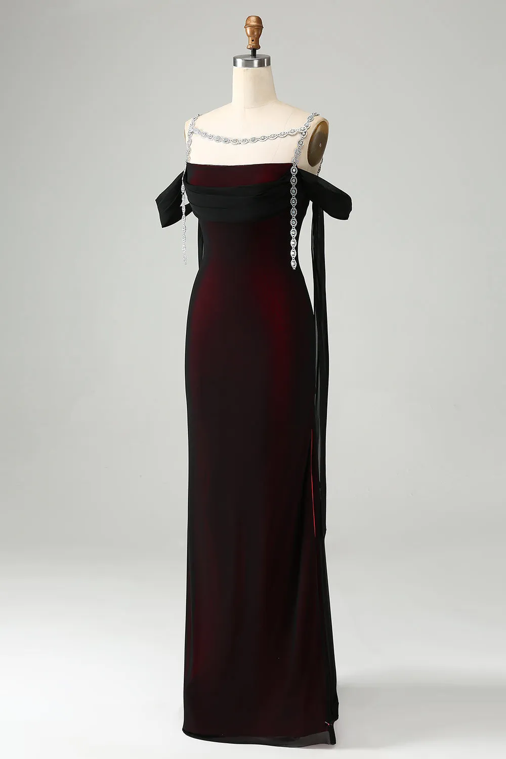 Sparkly Black Red Mermaid Cold Shoulder Long Bridesmaid Dress sold by Zapaka product image thumbnail 3