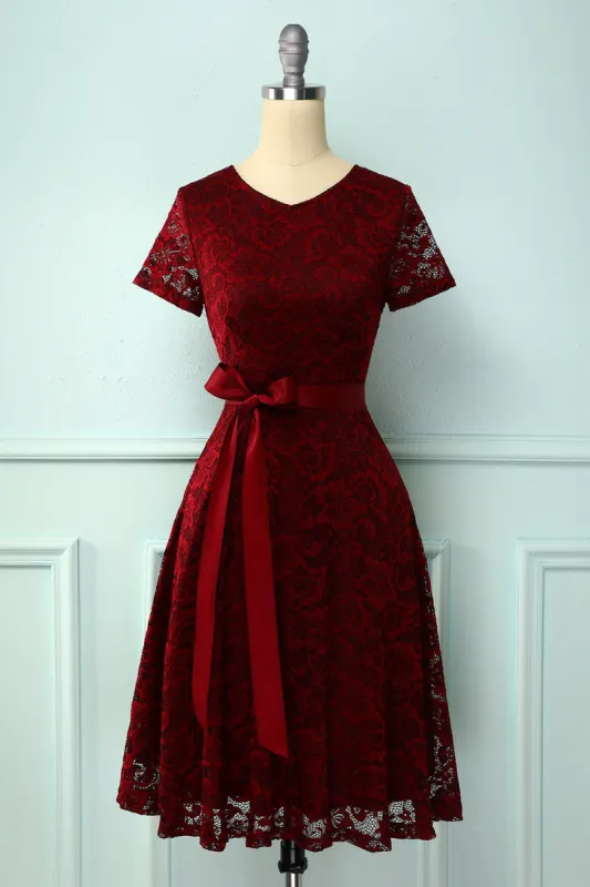 Burgundy Short Sleeves Lace Dress sold by Zapaka