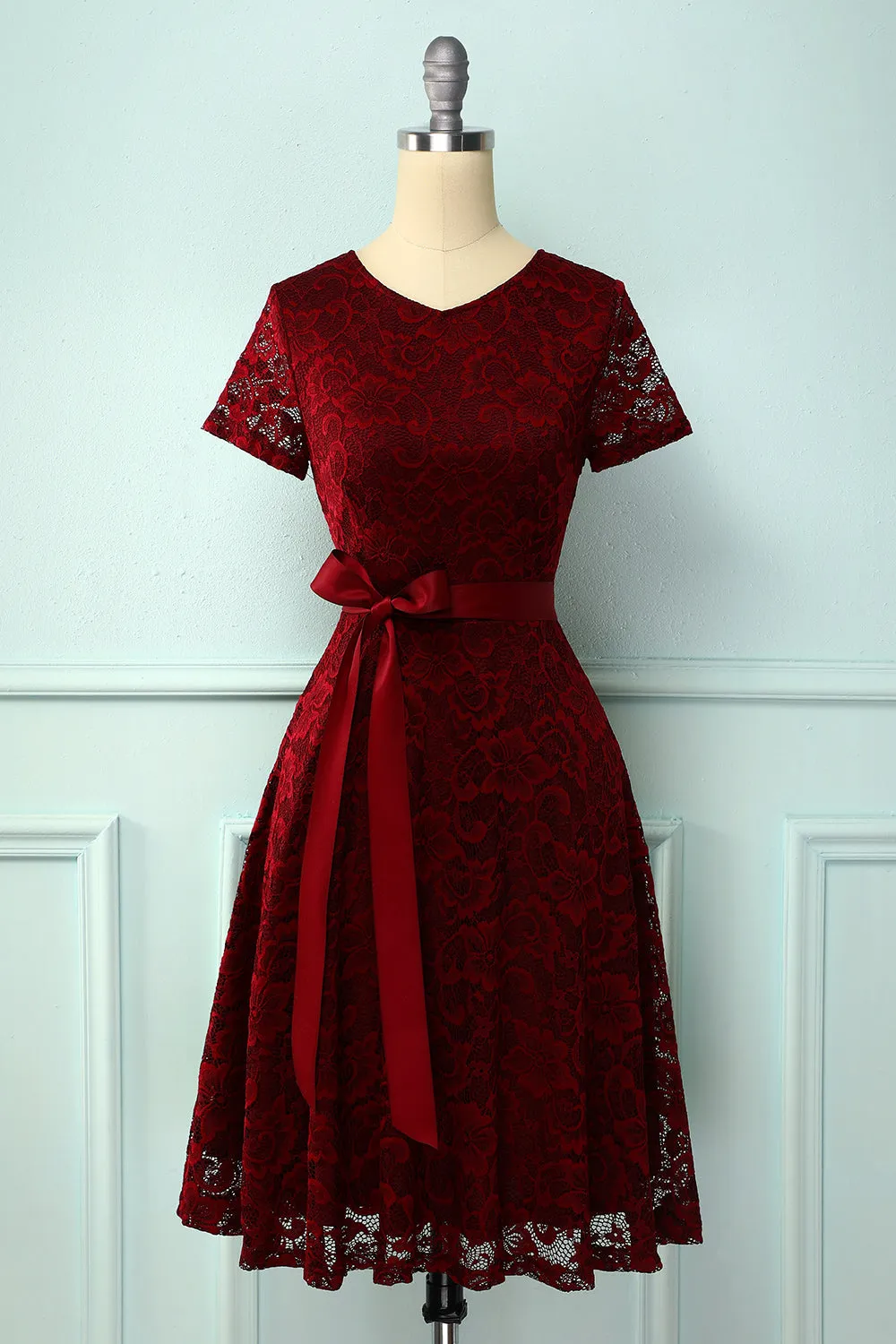 Burgundy Short Sleeves Lace Dress sold by Zapaka