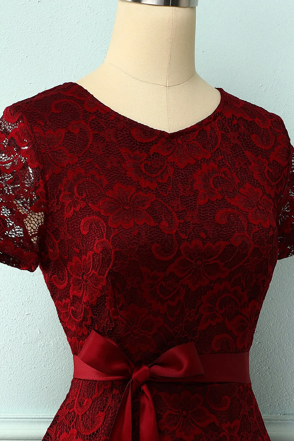 Burgundy Short Sleeves Lace Dress sold by Zapaka product image thumbnail 5