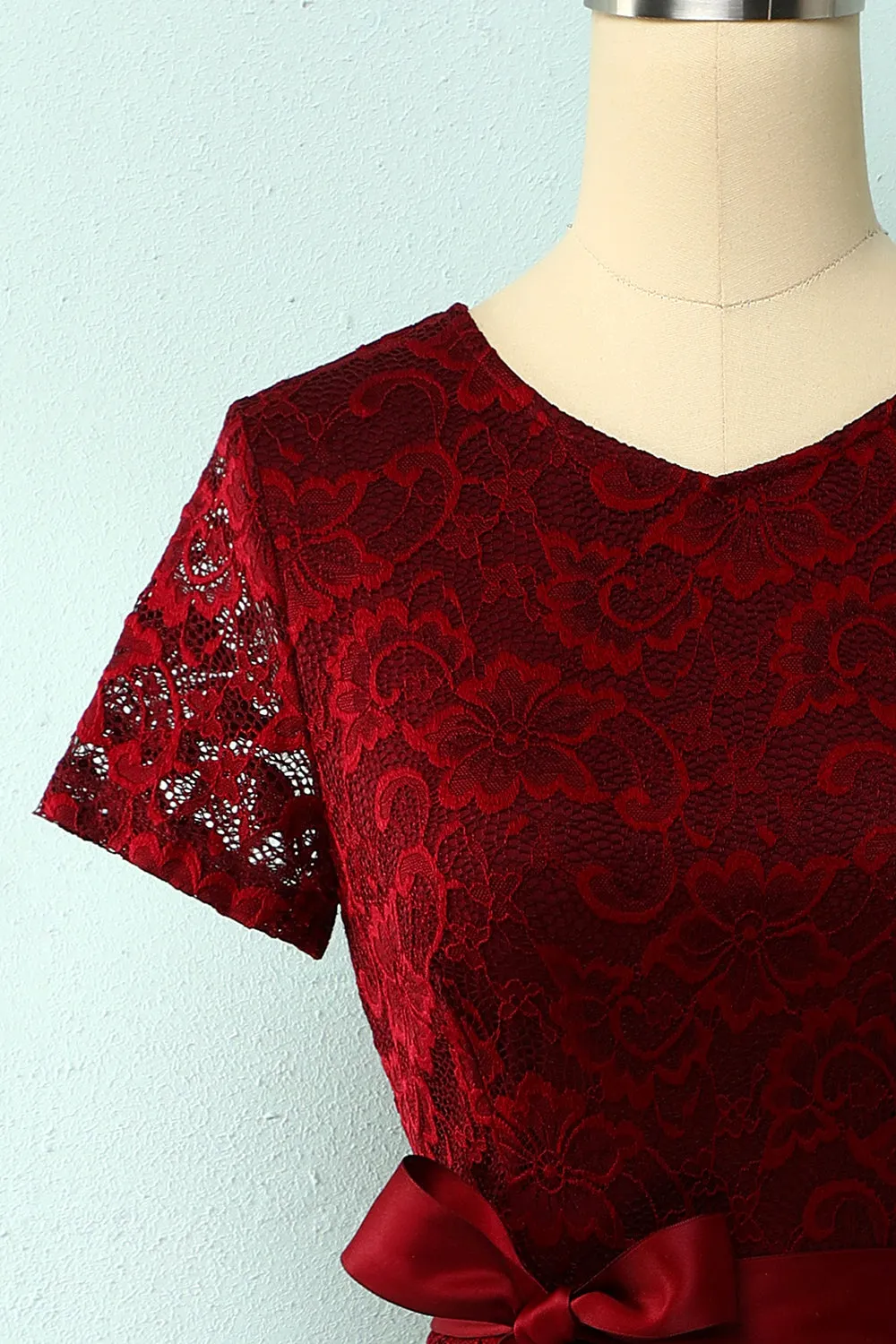 Burgundy Short Sleeves Lace Dress sold by Zapaka product image thumbnail 3