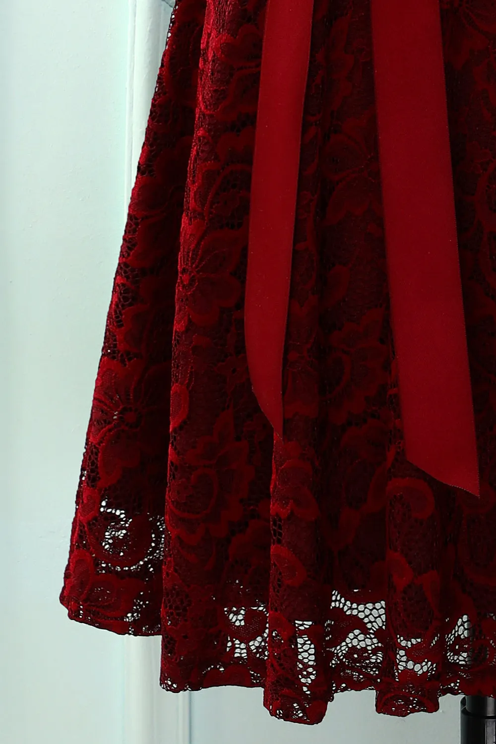 Burgundy Short Sleeves Lace Dress sold by Zapaka product image thumbnail 4