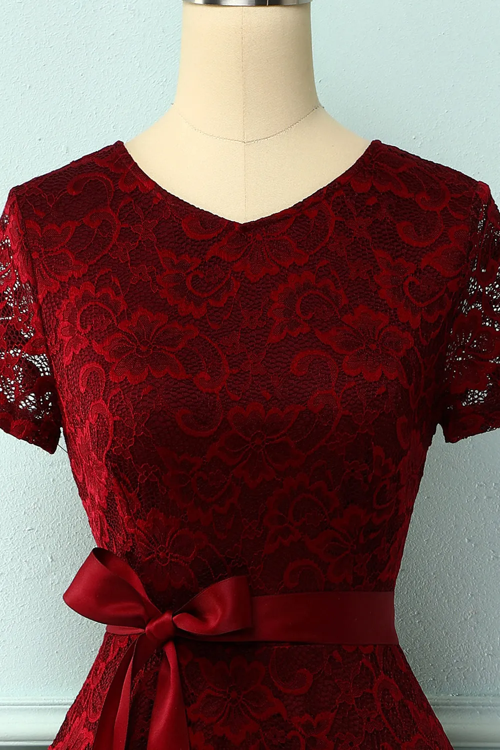 Burgundy Short Sleeves Lace Dress sold by Zapaka product image thumbnail 2