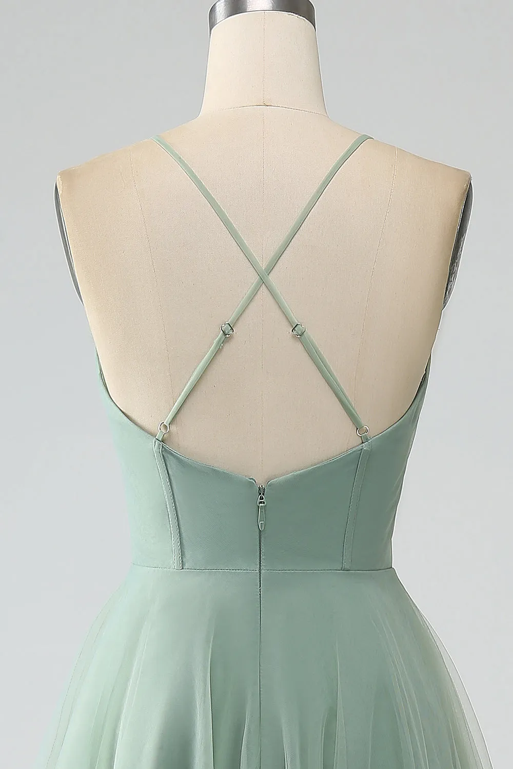 Matcha A-Line Spaghetti Straps Tea-Length Corset Tulle Bridesmaid Dress sold by Zapaka product image thumbnail 4