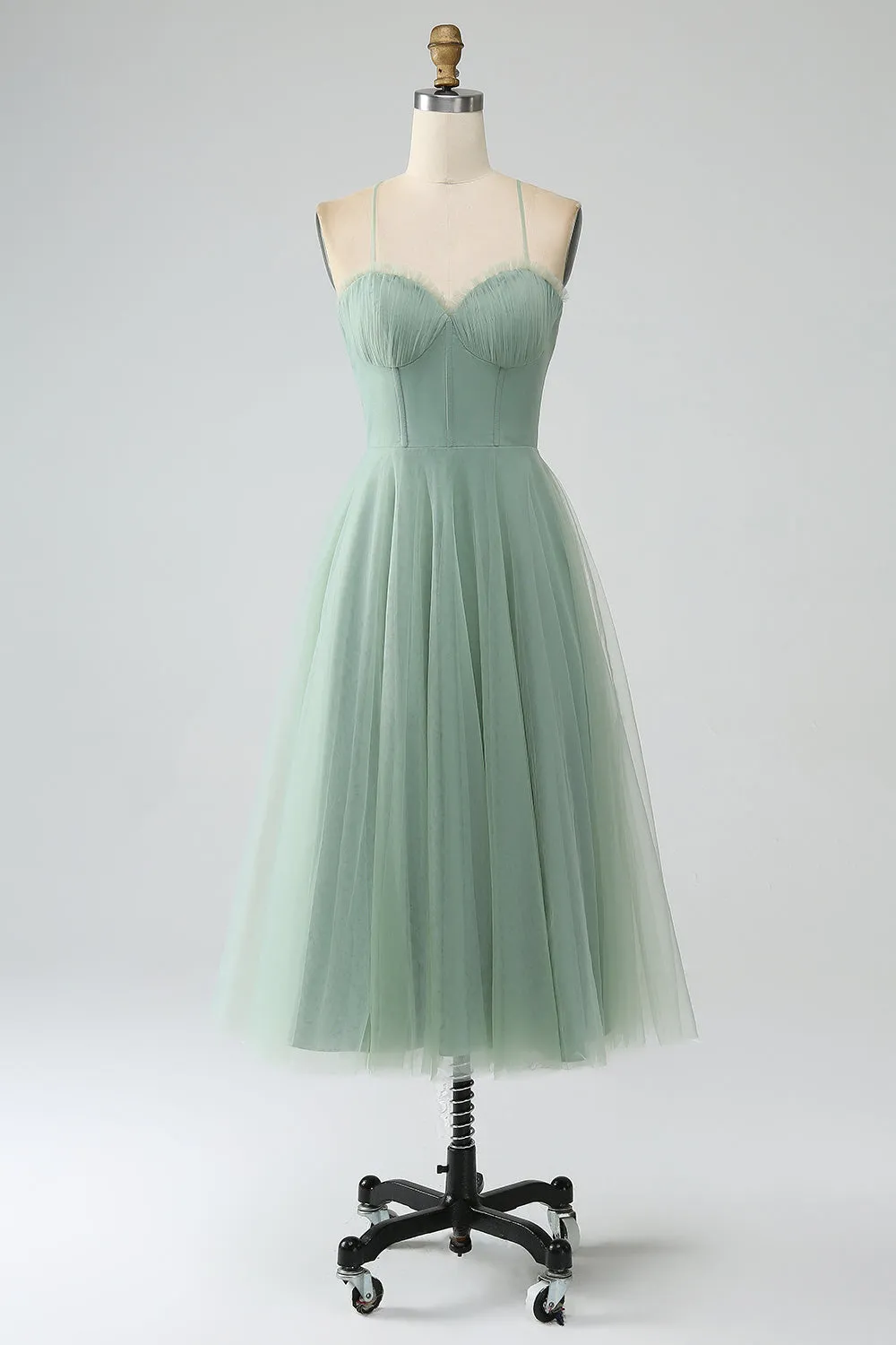 Matcha A-Line Spaghetti Straps Tea-Length Corset Tulle Bridesmaid Dress sold by Zapaka