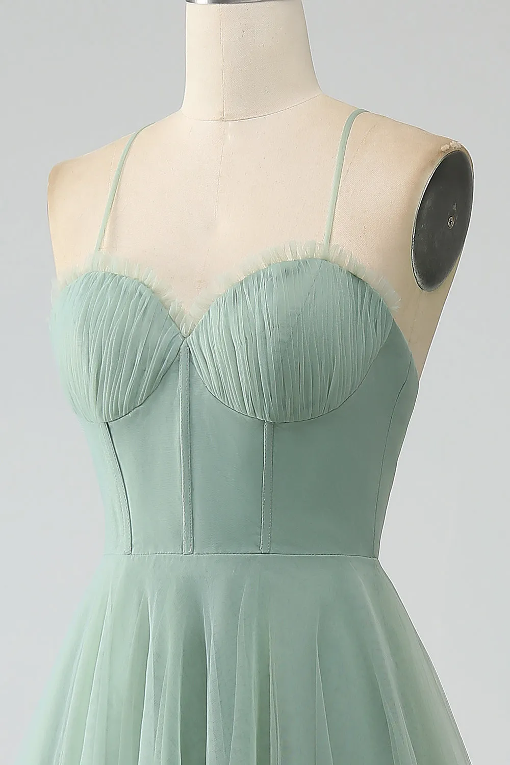 Matcha A-Line Spaghetti Straps Tea-Length Corset Tulle Bridesmaid Dress sold by Zapaka product image thumbnail 5