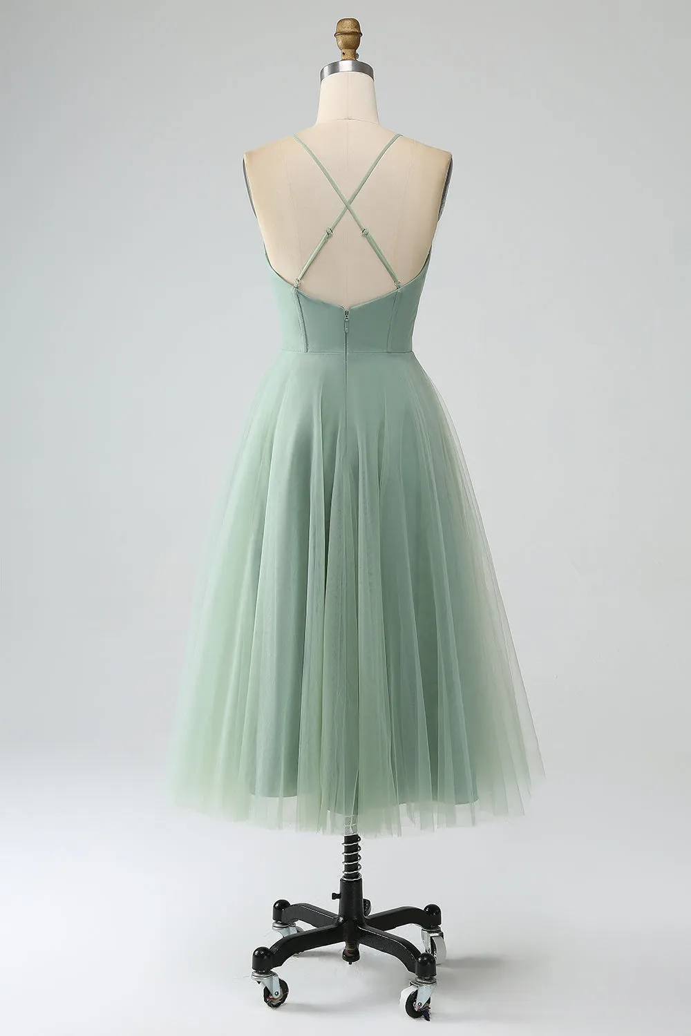 Matcha A-Line Spaghetti Straps Tea-Length Corset Tulle Bridesmaid Dress sold by Zapaka product image thumbnail 2