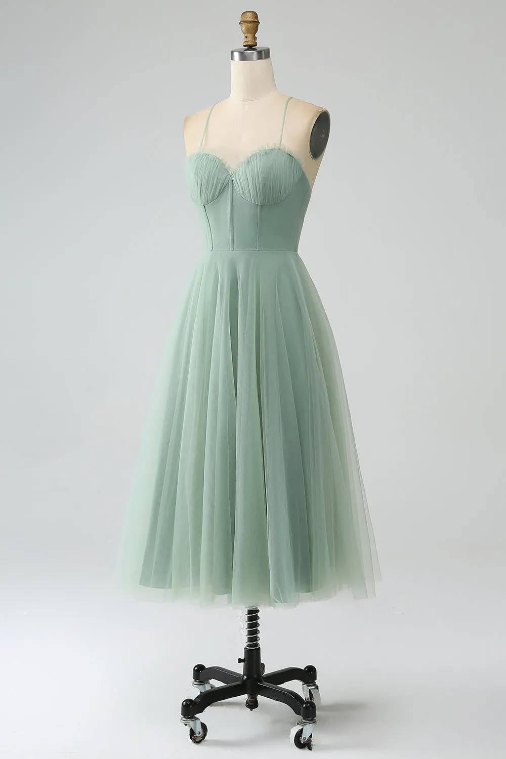 Matcha A-Line Spaghetti Straps Tea-Length Corset Tulle Bridesmaid Dress sold by Zapaka product image thumbnail 3