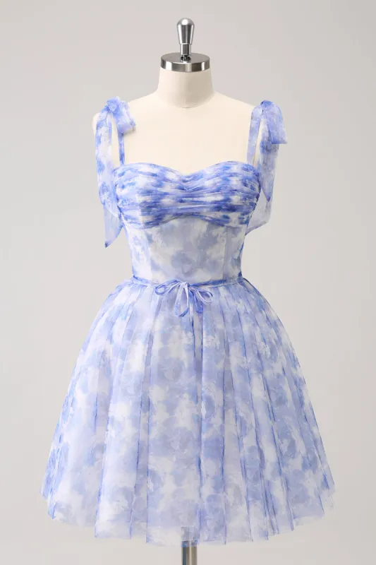 Blue Corset A-Line Short Floral Homecoming Dress sold by Zapaka