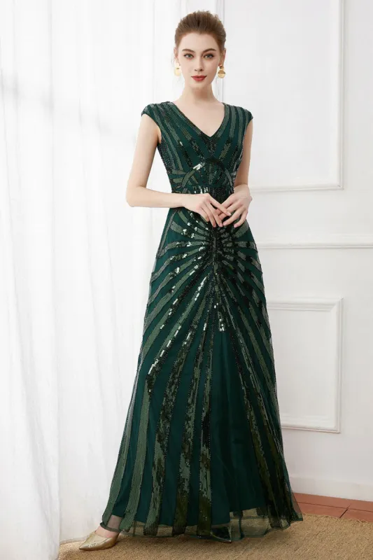 Dark Green Sequins Long 1920s Dress with Beaded sold by Zapaka
