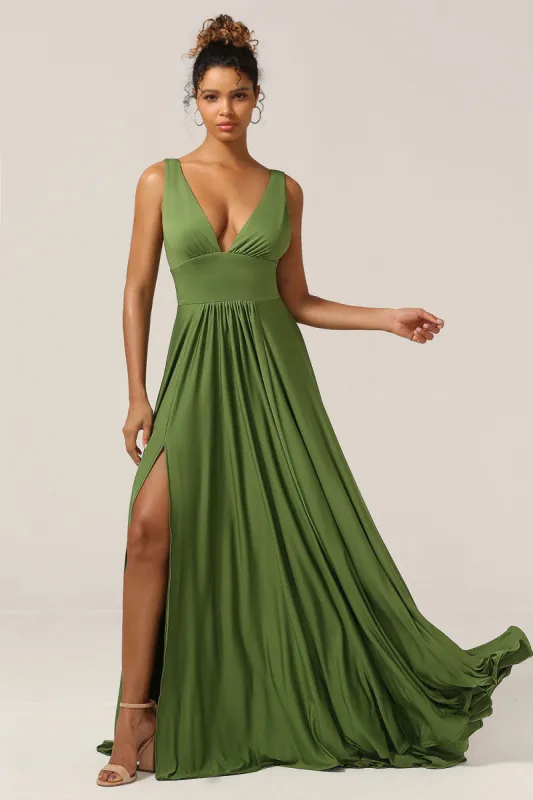Elegant A Line Olive Deep V-neck Sleeveless Long Bridesmaid Dress sold by Zapaka