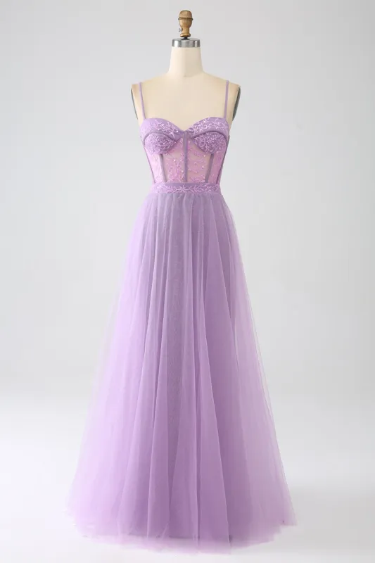 A-Line Lilac Spaghetti Straps Long Corset Prom Dress sold by Zapaka
