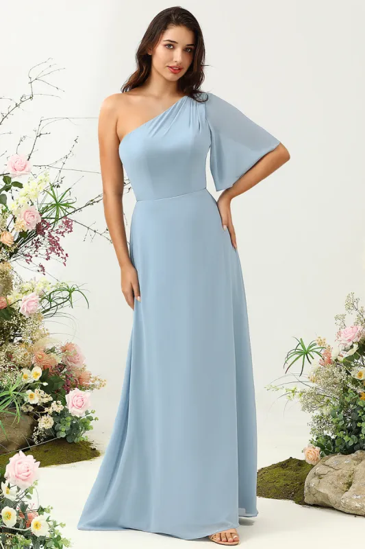Grey Blue One Shoulder Chiffon Boho Bridesmaid Dress sold by Zapaka