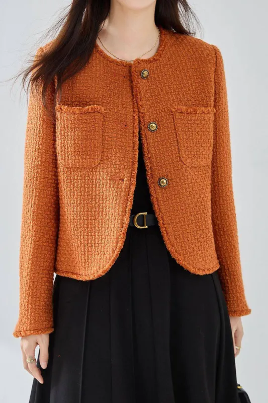 Orange Tweed Shawl Lapel Button Cropped Women Coat sold by Zapaka