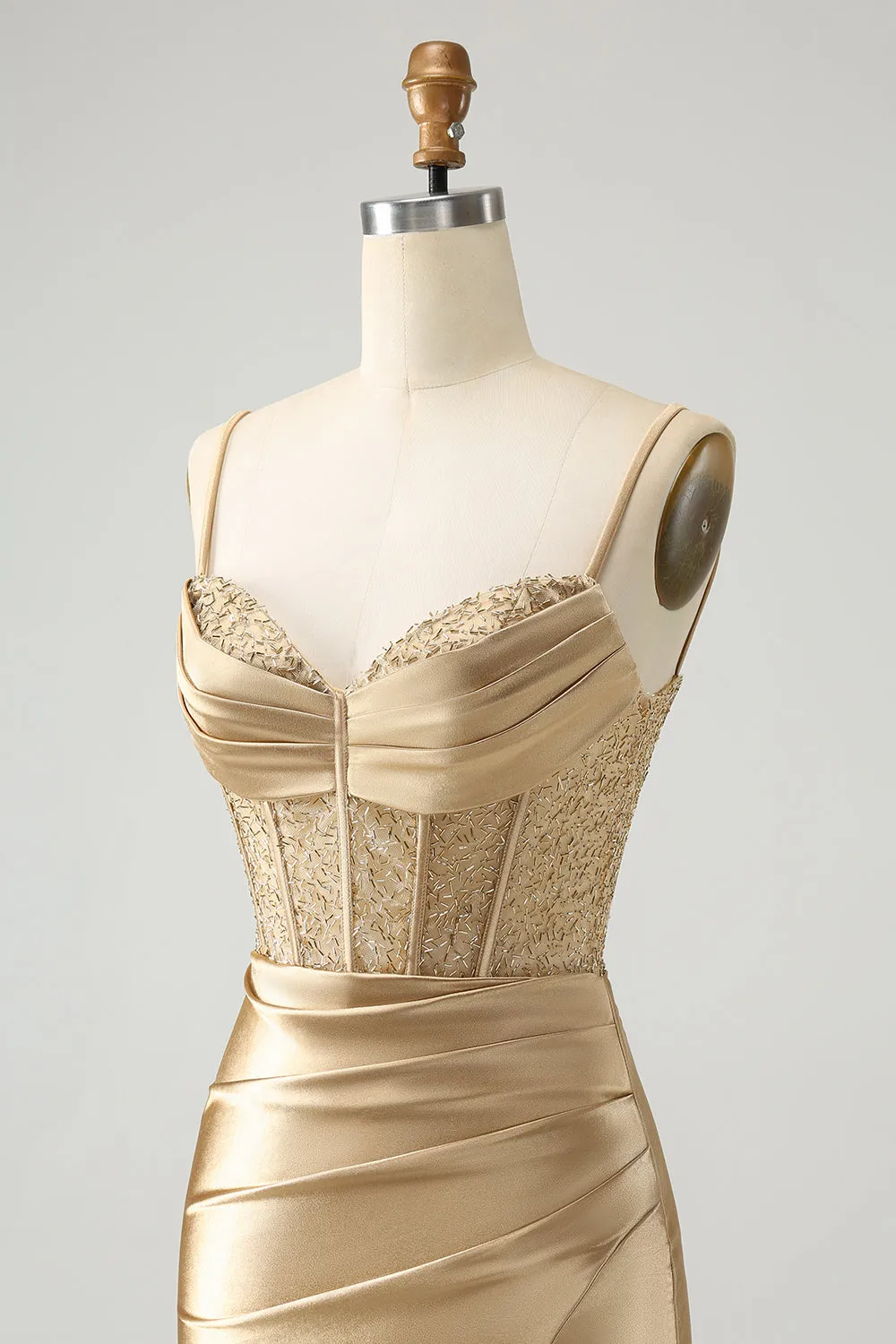 Golden Spaghetti Straps Bodycon Corset Satin Homecoming Dress with Slit sold by Zapaka product image thumbnail 3