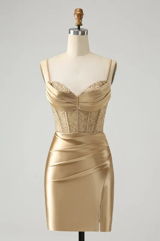 Golden Spaghetti Straps Bodycon Corset Satin Homecoming Dress with Slit sold by Zapaka