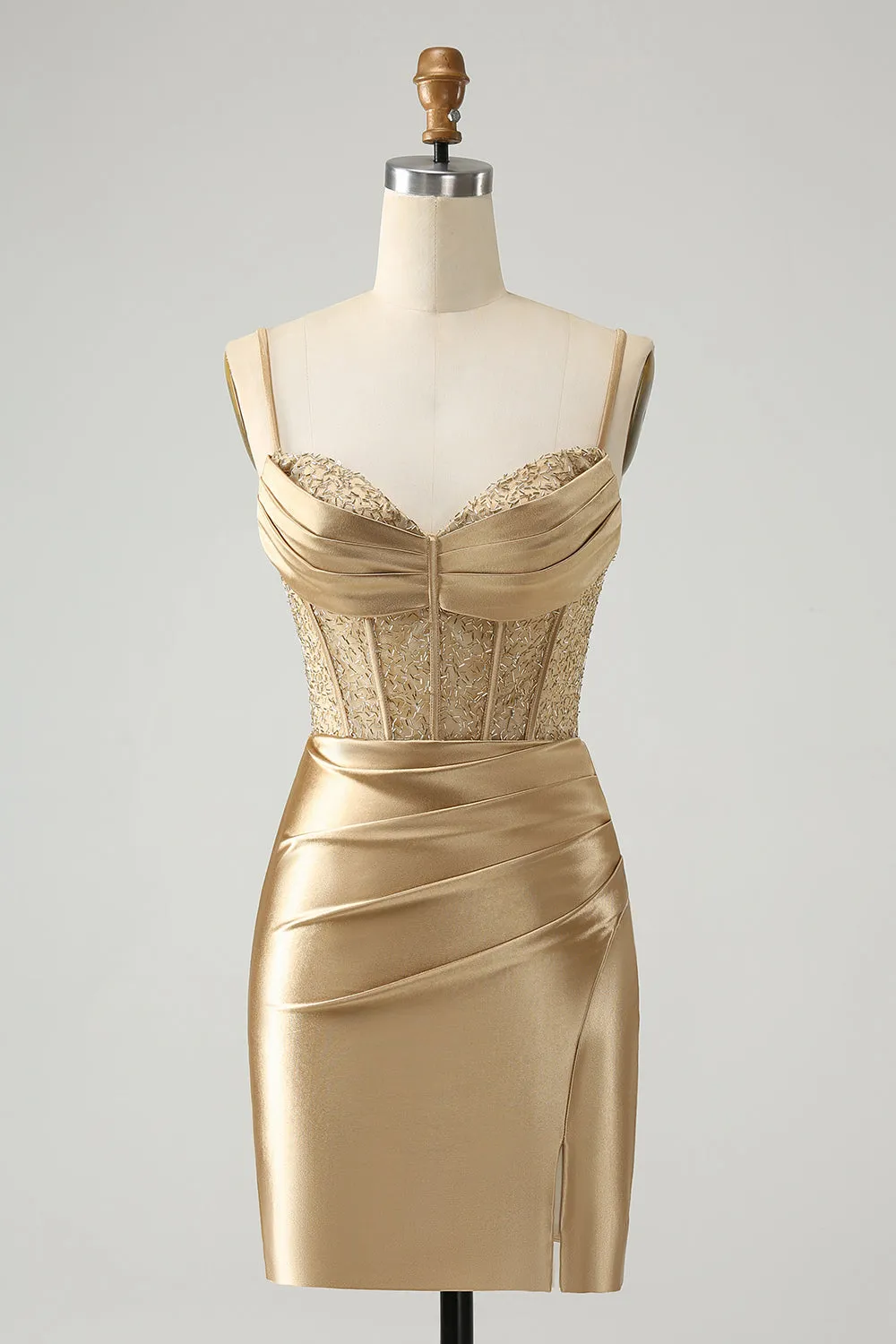 Golden Spaghetti Straps Bodycon Corset Satin Homecoming Dress with Slit sold by Zapaka