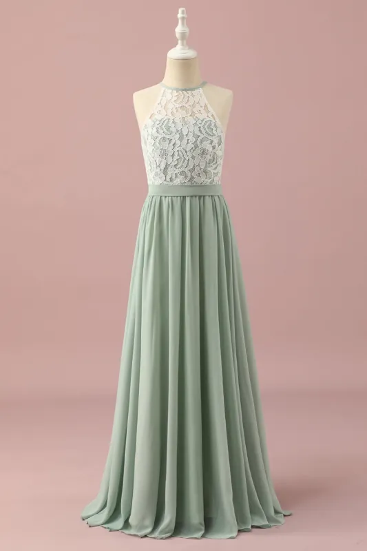 Green Lace and Chiffon Halter Junior Bridesmaid Dress sold by Zapaka