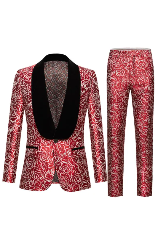 Red Shawl Lapel Printed 2 Piece Men's Suit sold by Zapaka