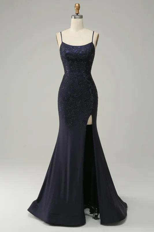 Navy Spaghetti Straps Beaded Mermaid Prom Dress with Split sold by Zapaka