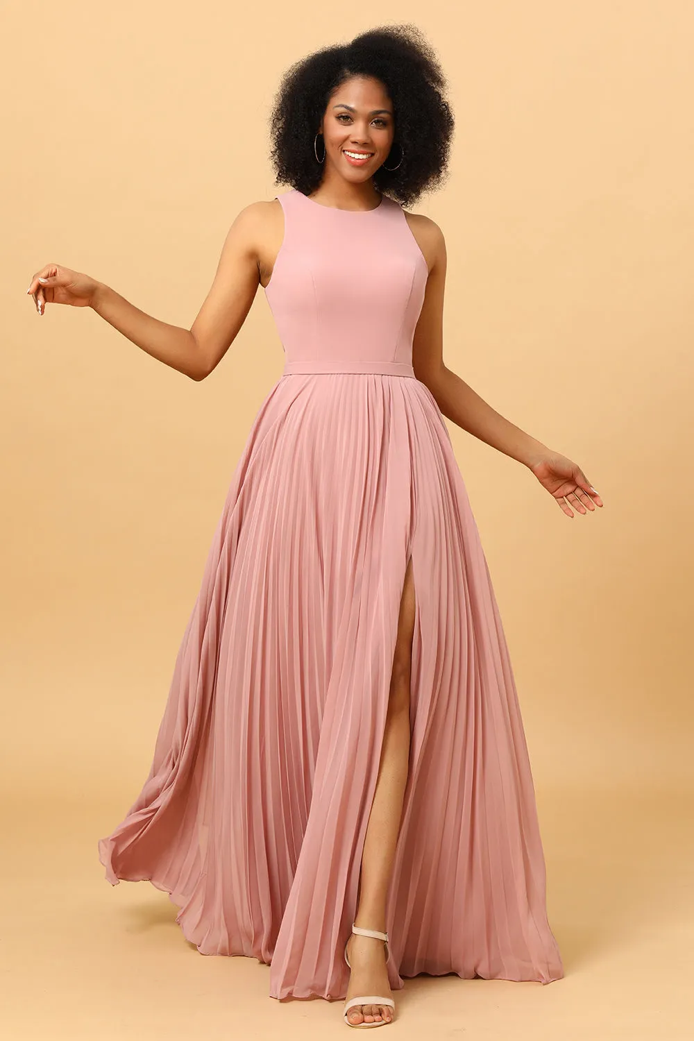 Blush Long Chiffon Pleated Bridesmaid Dress with Slit sold by Zapaka