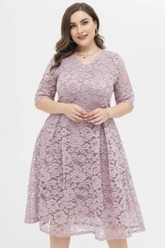 Pink V Neck Lace Dress sold by Zapaka