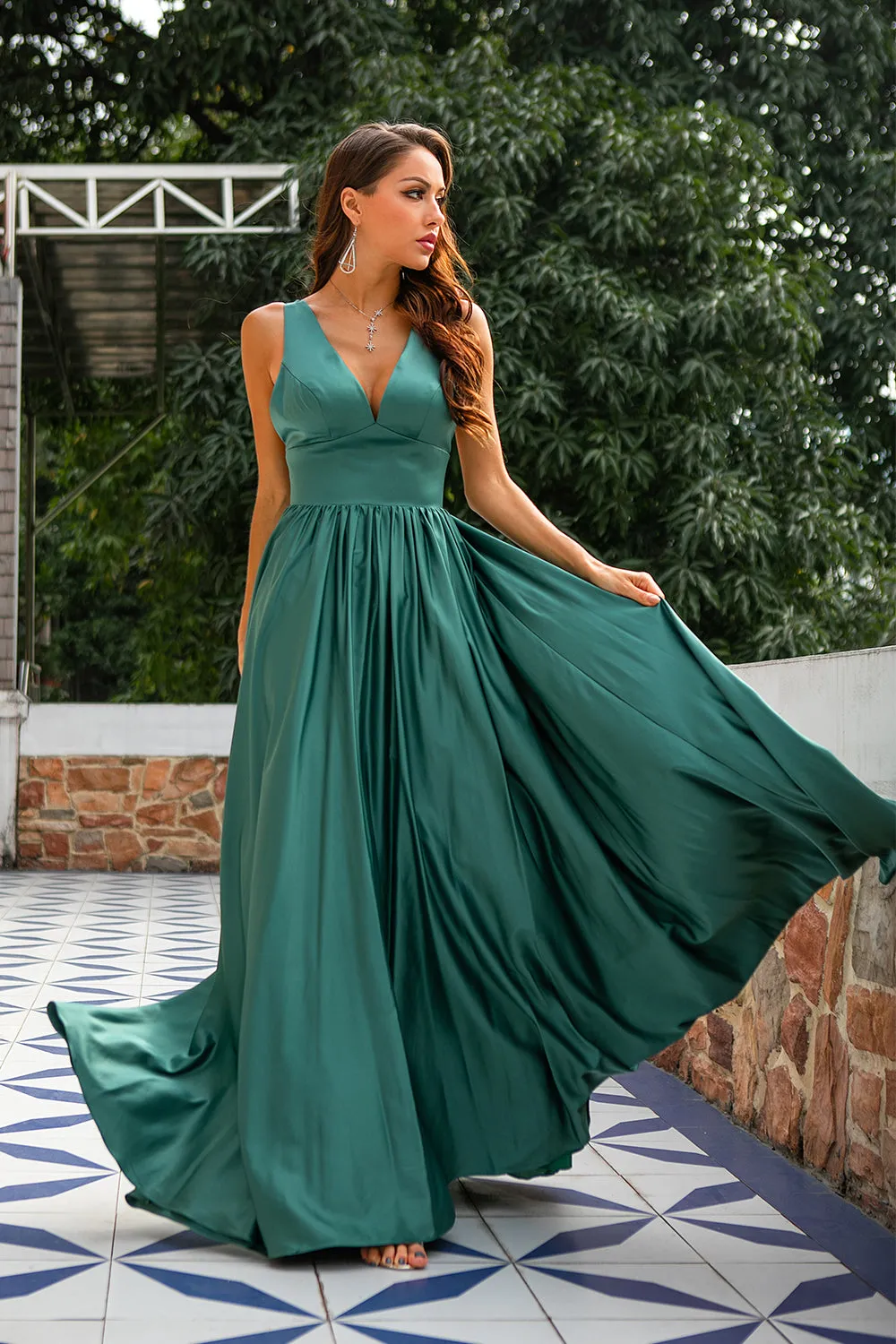 Green Deep V Neck Long Bridesmaid Dress sold by Zapaka product image thumbnail 4