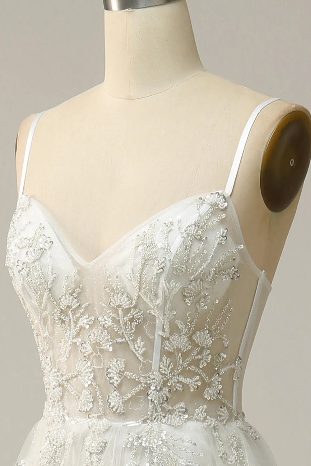 A Line Spaghetti Straps White Long Bridal Dress with Appliques sold by Zapaka product image thumbnail 5
