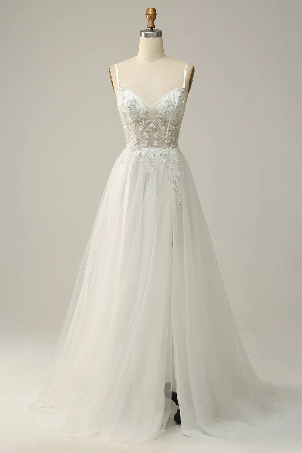 A Line Spaghetti Straps White Long Bridal Dress with Appliques sold by Zapaka
