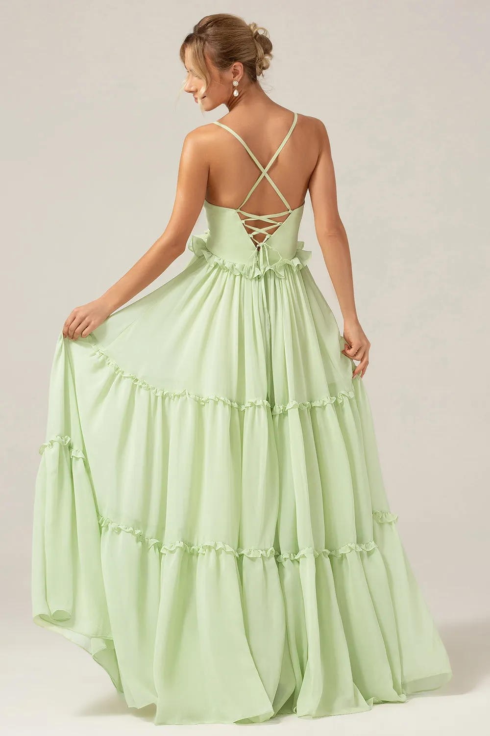 Green A Line Ruffles Long Maternity Bridesmaid Dress with Lace-up Back sold by Zapaka product image thumbnail 2